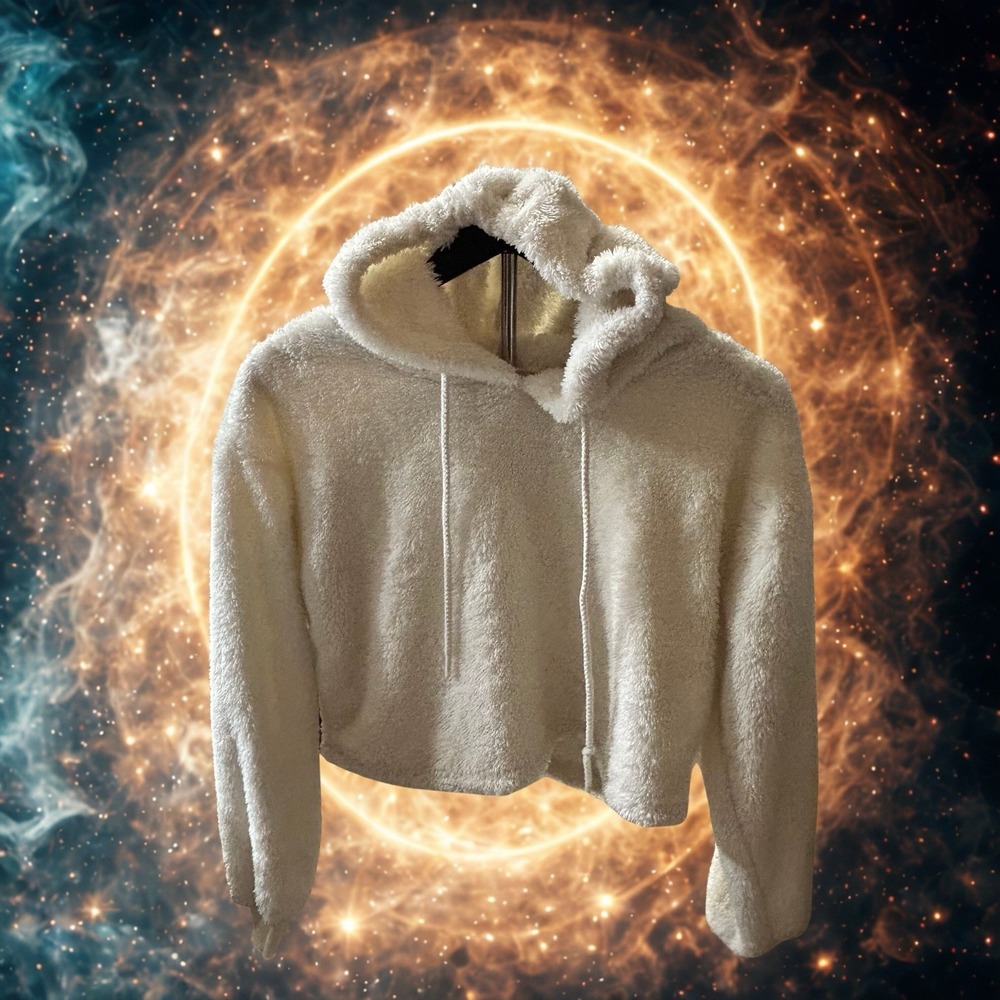 Cream Faux Fur Sherpa Cropped Hoodie Sweatshirt Off‎ White Women Long Sleeve